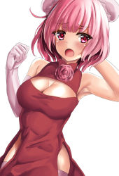 Rule 34 | 1girl, :o, alternate costume, arm behind head, armpits, arms up, bare shoulders, blush, breasts, china dress, chinese clothes, cleavage, cleavage cutout, clothing cutout, double bun, dress, elbow gloves, flower, gloves, hair bun, ibaraki kasen, kaeranu kaeru, large breasts, leaning to the side, open mouth, pink eyes, pink flower, pink hair, pink rose, rose, short hair, simple background, single elbow glove, solo, thighhighs, touhou, white background, white gloves, white thighhighs