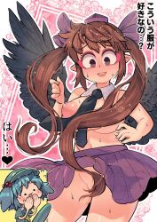 Rule 34 | 1futa, 1girl, :d, bird wings, black wings, blue hair, blush, breasts, brown eyes, brown hair, bulge, carte, chibi, chibi inset, commentary request, convenient censoring, detached collar, ear blush, erection, erection under clothes, feathered wings, full-face blush, futa with female, futanari, hair bobbles, hair censor, hair ornament, hands up, hat, highres, himekaidou hatate, kawashiro nitori, large areolae, large breasts, long hair, looking down, navel, nipples, open mouth, outline, pointy ears, pussy, sidelocks, signature, smile, solo focus, sparkle, tokin hat, topless, touhou, translation request, twintails, two side up, very long hair, white outline, wings