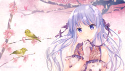 Rule 34 | 1girl, animal, artist name, bare shoulders, bird, blush, branch, breasts, cherry blossoms, commentary request, cross, cross earrings, dress, earrings, floral print, flower, frilled dress, frills, gloves, hair ribbon, hand up, head tilt, highres, jewelry, long hair, medium breasts, original, petals, pink flower, print dress, purple eyes, purple hair, purple ribbon, ribbon, sleeveless, sleeveless dress, solo, sousouman, white dress, white gloves