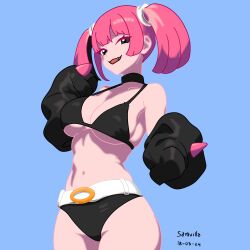 Rule 34 | 1girl, 2024, alternate breast size, artist request, bikini, black bikini, black eyes, black jacket, breasts, cleavage, coral (pokemon), cowboy shot, creatures (company), curvy, dated, eyelashes, fang, game freak, hair ornament, highres, jacket, large breasts, looking at viewer, naughty face, navel, nintendo, pink hair, pokemon, pokemon (anime), pokemon horizons, raised eyebrows, shiny skin, simple background, smile, solo, standing, swimsuit, twintails, white background, wide hips