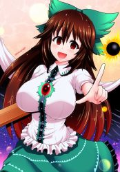 Rule 34 | 1girl, :d, arm cannon, bird wings, black wings, blush, bow, breasts, brown hair, cape, cowboy shot, dress shirt, feathered wings, foreshortening, frilled shirt, frilled skirt, frills, green bow, green skirt, hair between eyes, hair bow, highres, large breasts, long hair, looking at viewer, open mouth, pointing, pointing at viewer, puffy short sleeves, puffy sleeves, red eyes, reiuji utsuho, shirt, short sleeves, sidelocks, skirt, smile, solo, third eye, touhou, twitter username, umasan, weapon, white shirt, wings