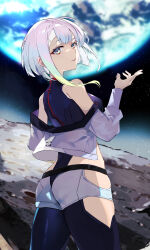 Rule 34 | 1girl, absurdres, bare shoulders, black leotard, blue eyes, chenmu sora, commentary, cyberpunk (series), cyberpunk edgerunners, earth (planet), eyeshadow, highres, jacket, leotard, lipstick, looking at viewer, looking back, lucy (cyberpunk), makeup, off shoulder, on moon, planet, red eyeshadow, short hair, shorts, sky, solo, star (sky), starry sky, white hair, white jacket, white shorts