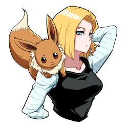 Rule 34 | 1girl, android 18, arm up, blonde hair, blue eyes, blush, breasts, closed mouth, collarbone, commentary request, creatures (company), cropped torso, crossover, dragon ball, dragonball z, eevee, game freak, gen 1 pokemon, kemachiku, long sleeves, looking at viewer, lowres, nintendo, on shoulder, pokemon, pokemon (creature), pokemon on shoulder, shirt, short hair, striped clothes, striped shirt, upper body, white background