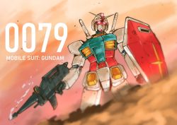 Rule 34 | absurdres, beam rifle, commentary, copyright name, dave gustave, energy gun, english commentary, glowing, glowing eyes, gun, gundam, highres, holding, holding gun, holding shield, holding weapon, mecha, mobile suit, mobile suit gundam, no humans, pink eyes, robot, rx-78-2, shield, smoke, smoking barrel, solo, v-fin, weapon