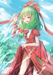 Rule 34 | 1girl, :d, absurdres, arm ribbon, blue sky, bow, clothes lift, cloud, day, dress, frilled bow, frilled shirt collar, frills, front ponytail, green eyes, green hair, hair ribbon, hand up, highres, kagiyama hina, lifted by self, long hair, one eye closed, open mouth, outdoors, puffy short sleeves, puffy sleeves, red dress, ribbon, river, short sleeves, signature, skirt, skirt lift, sky, smile, solo, splashing, touhou, turn zhuan, water