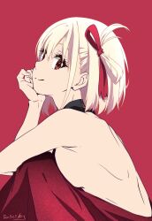 Rule 34 | 1girl, artist name, backless dress, backless outfit, blonde hair, breasts, commentary request, dated, dress, highres, looking at viewer, lycoris recoil, medium breasts, nii manabu, nishikigi chisato, red background, red dress, red eyes, red theme, short hair, sideboob, signature, simple background, sitting, sleeveless, sleeveless dress, smile, solo