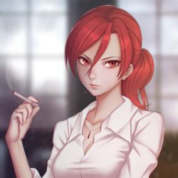 Rule 34 | 1girl, aozaki touko, artist name, between fingers, breasts, cigarette, cleavage, closed mouth, collarbone, collared shirt, dress shirt, eyelashes, fingernails, glasses, glasseslips, hair between eyes, hand up, highres, holding, holding cigarette, jewelry, kara no kyoukai, large breasts, lips, long hair, looking at viewer, miura-n315, necklace, nose, pink lips, ponytail, red eyes, red hair, semi-rimless eyewear, shirt, sleeves past elbows, sleeves rolled up, smoke, solo, upper body, white shirt