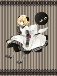 Rule 34 | 1girl, ahoge, armband, bad id, bad pixiv id, blonde hair, blue eyes, di gi charat, dress, frilled shirt collar, frills, grey pantyhose, hat, mary janes, nazo gema, pantyhose, piyoko, shoes, short hair, solo, striped, striped background, tomine, vertical stripes