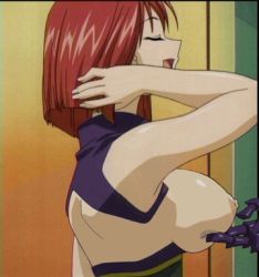 Rule 34 | 00s, 1girl, adjusting hair, animated, animated gif, breasts, breasts out, third-party edit, closed eyes, forte stollen, galaxy angel, groping, indoors, large breasts, lowres, open clothes, open mouth, open shirt, red hair, shirt, short hair, third-party edit