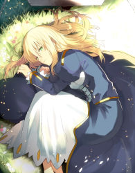 Rule 34 | 1girl, artoria pendragon (fate), blonde hair, blue dress, dress, fate/stay night, fate (series), fetal position, grass, green eyes, hair down, highres, light smile, long hair, looking at viewer, lying, on side, saber (fate), sanae (satansanae), solo