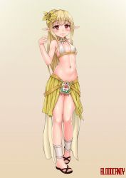 Rule 34 | 1girl, artist name, bad id, bad pixiv id, bare shoulders, belt, bikini, bikini top only, blonde hair, bloodcandy, breasts, covered erect nipples, dungeon and fighter, elf, feet, flower, full body, hair flower, hair ornament, halterneck, highres, jewelry, long hair, looking at viewer, mage (dungeon and fighter), navel, necklace, original, pointy ears, red eyes, skirt, slippers, small breasts, smile, solo, standing, stomach, swimsuit, toes, very long hair