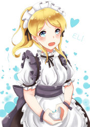 Rule 34 | 1girl, absurdres, apron, artist request, ayase eli, blonde hair, blue eyes, blush, dress, happy birthday, heart, high ponytail, highres, long hair, love live!, love live! school idol project, maid, maid apron, maid cap, maid headdress, ponytail, smile, solo