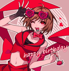 Rule 34 | 1girl, ahoge, black gloves, bow, brown hair, commentary, crop top, fingerless gloves, food, food in mouth, fork, fruit, gloves, goggles, goggles on head, hand up, happy birthday, heart, heart-shaped eyewear, highres, holding, holding fork, holding goggles, kazenemuri, left-handed, meiko (vocaloid), midriff, mouth hold, navel, one eye closed, red bow, red eyes, red shirt, red skirt, shirt, short hair, single glove, skirt, smile, solo, strawberry, vocaloid