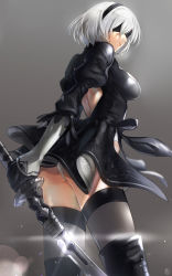 Rule 34 | 1girl, ass, back, back cutout, black dress, black footwear, black gloves, black thighhighs, blindfold, boots, breasts, clothing cutout, dress, gloves, hairband, hieung, highres, holding, holding sword, holding weapon, katana, leotard, medium breasts, nier (series), nier:automata, short hair, silver hair, solo, sword, thigh boots, thighhighs, weapon, 2b (nier:automata)