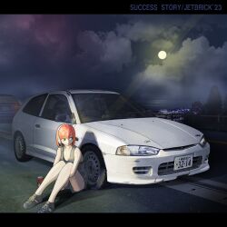 Rule 34 | 1girl, black eyes, blue overalls, breasts, can, car, cloud, cloudy sky, commentary request, cross-laced footwear, drink can, duct tape, full moon, headlight, headphones, highres, honda civic, jettoburikku, knees up, letterboxed, license plate, looking to the side, medium breasts, mitsubishi colt, mitsubishi mirage, mitsubishi motors, moon, motor vehicle, night, orange hair, original, outdoors, overalls, rear-view mirror, right-hand drive, road, shoes, sitting, sky, sneakers, soda can, solo, vehicle focus, white car