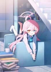 Rule 34 | 1girl, ahoge, architecture, arona (blue archive), blue archive, blue eyes, blue necktie, blurry, blush, book, book stack, bookshelf, collared shirt, commentary, couch, cup, depth of field, grey skirt, hair between eyes, halo, heterochromia, highres, hoshino (blue archive), legs up, light rays, long hair, long sleeves, looking at viewer, lying, necktie, nishi yasuaki, on couch, on stomach, open mouth, pink hair, pleated skirt, poster (object), shirt, single sock, skirt, smile, socks, solo, stairs, teacup, white shirt, yellow eyes