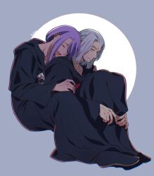 Rule 34 | 2boys, :|, artist name, black capelet, black robe, capelet, closed eyes, closed mouth, collarbone, emet-selch, final fantasy, final fantasy xiv, from side, full body, grey background, grey hair, hand on another&#039;s shoulder, highres, hood, hood down, hooded capelet, hug, hug from behind, hugging own legs, hythlodaeus, long sleeves, looking at another, looking back, male focus, mask, mask around neck, medium hair, multiple boys, open mouth, purple hair, radoge14, robe, short hair, simple background, sitting, smile, sophist&#039;s robe (ff14), swept bangs, two-tone background, unworn mask, white background, yaoi, yellow eyes