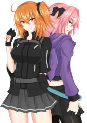 Rule 34 | 1boy, 1girl, ahoge, astolfo (fate), astolfo (memories at trifas) (fate), back-to-back, bad id, bad twitter id, belt, black bow, black gloves, black pantyhose, black scrunchie, black shirt, black skirt, blue belt, bow, breasts, clenched hand, command spell, commentary request, cowboy shot, fang, fate/grand order, fate (series), from behind, fujimaru ritsuka (female), fujimaru ritsuka (female) (polar chaldea uniform), gloves, grey belt, grey skirt, hair between eyes, hair bow, hair intakes, hair ornament, hair scrunchie, hand up, highres, hood, hooded jacket, jacket, large breasts, long hair, long sleeves, looking at viewer, looking back, midriff, miniskirt, official alternate costume, one side up, open mouth, orange eyes, orange hair, pantyhose, pink hair, pleated skirt, pouch, profile, purple eyes, purple jacket, scrunchie, shirt, short sleeves, simple background, skirt, smile, standing, sweat, thighs, trap, watarase piro, white background