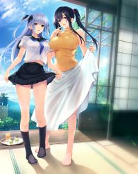 Rule 34 | 2girls, bare shoulders, barefoot, black skirt, blue eyes, blue hair, breasts, clothes lift, cloud, cup, day, drinking glass, drinking straw, feet, female focus, finger to mouth, full body, game cg, gluteal fold, hair ornament, hair scrunchie, height difference, hibiki works, high-waist skirt, high ponytail, highres, iizuki tasuku, index finger raised, indoors, juice, large breasts, legs, lifted by self, light purple hair, long hair, long skirt, looking at viewer, medium breasts, midriff, mountain, multiple girls, neckerchief, no shoes, original, parted lips, pleated skirt, ponytail, purple eyes, purple hair, sailor collar, school uniform, scrunchie, see-through, serafuku, siblings, sidelocks, sisters, skirt, skirt lift, sky, sleeveless, sleeveless sweater, sleeveless turtleneck, smile, socks, standing, suiren to shion, sweater, tatami, thighs, toes, tray, tree, turtleneck, two side up, wakami shion, wakami suiren, white skirt, yellow sweater