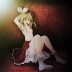Rule 34 | 1girl, armpits, arms up, bad id, bad pixiv id, bdsm, blonde hair, blush, bondage, bound, breasts, chain, chained, chain, fang, female focus, flandre scarlet, flat chest, hair ribbon, highres, md5 mismatch, nipples, no wings, open mouth, panties, pantyshot, red eyes, ribbon, short hair, side ponytail, sitting, skirt, small breasts, solo, tears, topless, touhou, tsukishiro saika, underwear, upskirt, white legwear, white panties