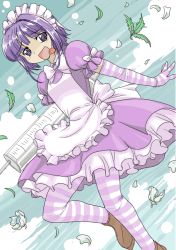 Rule 34 | 1girl, :d, apron, bad id, bad pixiv id, bow, breasts, crazy eyes, dress, drugs, flower, frills, futaba channel, gloves, maid, maid apron, maid headdress, mono (moiky), nijiura maids, open mouth, pantyhose, plant, puffy sleeves, purple eyes, purple hair, short hair, short hair with long locks, sky, small breasts, smile, solo, striped clothes, striped pantyhose, syringe, tongue, tongue out, yakui