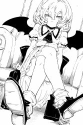 Rule 34 | 1girl, ascot, bare legs, bob cut, crossed legs, demon wings, dutch angle, greyscale, looking at viewer, maguro (mawaru sushi), monochrome, on chair, pointy ears, puffy short sleeves, puffy sleeves, remilia scarlet, short sleeves, sitting, solo, touhou, wings