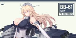 Rule 34 | 1girl, bare shoulders, blonde hair, blue eyes, blush, breasts, chain, cleavage, elbow gloves, front-tie top, gloves, hair between eyes, hair ornament, headgear, highres, iowa (kancolle), kantai collection, large breasts, long hair, looking at viewer, machinery, odachu, smile, solo, star-shaped pupils, star (symbol), symbol-shaped pupils, turret