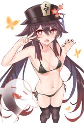 Rule 34 | 1girl, absurdres, bare shoulders, bikini, black bikini, black headwear, black nails, black thighhighs, breasts, collarbone, commentary, dot nose, flower, genshin impact, ghost, hair between eyes, hands up, hat, hat flower, hayasaka (a865675167774), highres, hu tao (genshin impact), jewelry, long hair, looking at viewer, low twintails, nail polish, navel, open mouth, ring, side-tie bikini bottom, simple background, standing, string bikini, swimsuit, symbol-shaped pupils, thigh gap, thighhighs, thighs, twintails, underboob, very long hair, w, white background