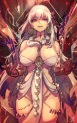 Rule 34 | 1girl, bare shoulders, body markings, bracelet, breasts, chain, cleavage, durga (fate), dynamitenatalia, earrings, fate/grand order, fate (series), gem, gloves, gold, gold chain, gold earrings, jewelry, large breasts, long hair, looking at viewer, navel, red eyes, red gloves, red ribbon, revealing clothes, ribbon, sidelocks, signature, smile, snake, thighs, weapon, white hair, white snake, wide hips