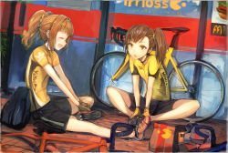 Rule 34 | 2girls, bag, bicycle, brown eyes, brown hair, closed eyes, coffee cup, cup, disposable cup, futami mami, idolmaster, idolmaster (classic), idolmaster 2, long hair, mcdonald&#039;s, multiple girls, open mouth, orange hair, pac-man, paper bag, shorts, siblings, side ponytail, sisters, sitting, sportswear, takatsuki yayoi, twins, twintails, usisan
