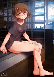Rule 34 | 1girl, barefoot, bed, blush, breasts, brown eyes, brown hair, collarbone, freckles, girls und panzer, glasses, grin, highres, indoors, large breasts, looking at viewer, megadeko, no pants, on bed, shirt, short hair, sitting, smile, solo, tsuchiya (girls und panzer), window
