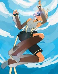 Rule 34 | 1boy, backlighting, black shorts, blonde hair, blue sky, cloud, collar, collared shirt, commentary request, d futagosaikyou, detached sleeves, from below, full body, headphones, jumping, kagamine len, kagamine len (append), leg warmers, lens flare, male focus, see-through, see-through sleeves, shirt, short ponytail, shorts, sketch, sky, sleeveless, sleeveless shirt, spiked hair, sun, vocaloid, vocaloid append, white shirt