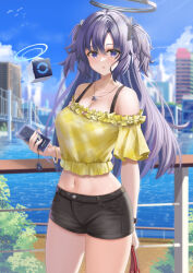 Rule 34 | 1girl, absurdres, alternate costume, arikawa rui, bare shoulders, black shorts, blue archive, blue eyes, blue hair, blurry, bra strap, breasts, casual, cleavage, cowboy shot, crop top, day, depth of field, frilled shirt, frills, halo, highres, holding, holding phone, jewelry, large breasts, long hair, looking at viewer, midriff, navel, necklace, off-shoulder shirt, off shoulder, open mouth, outdoors, phone, shirt, short shorts, shorts, solo, standing, stomach, thighs, two side up, yellow shirt, yuuka (blue archive)