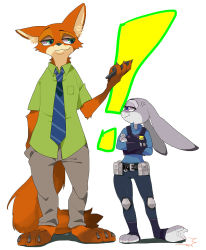 Rule 34 | 1boy, 1girl, afterimage, anger vein, animal ears, animal hands, badge, belt, belt pouch, black pants, black vest, blue neckwear, blue shirt, cellphone, claws, crossed arms, eye contact, fox ears, fox tail, full body, furry, green shirt, grey pants, half-closed eyes, hand in pocket, hand up, hatenakayubi, holding, judy hopps, long sleeves, looking at another, looking away, looking to the side, necktie, nick wilde, pants, phone, police, police badge, police uniform, pouch, purple eyes, rabbit ears, raised eyebrow, shirt, short sleeves, simple background, smile, standing, striped neckwear, tail, uniform, vest, white background, zootopia
