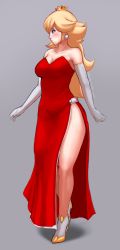 Rule 34 | 1girl, blonde hair, breasts, cleavage, curvy, dress, earrings, elbow gloves, gloves, grey background, high heels, highres, jewelry, large breasts, mario (series), nintendo, princess peach, razalor, red dress, side slit, simple background, solo, super mario bros. 1
