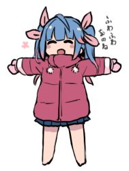 Rule 34 | 1girl, alternate costume, blue hair, blush, blush stickers, commentary request, closed eyes, hair ornament, hair ribbon, i-19 (kancolle), jacket, kantai collection, long hair, long sleeves, lowres, mittens, open mouth, outstretched arms, ribbon, simple background, skirt, smile, solo, terrajin, translation request, twintails, white background, winter clothes