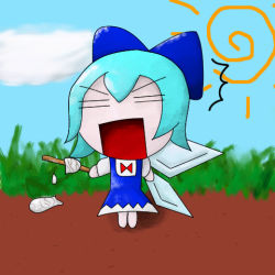 Rule 34 | 1girl, bad anatomy, blue hair, bow, chibi, cirno, female focus, food, ice cream, lowres, poorly drawn, ribbon, solo, embodiment of scarlet devil, touhou, wings