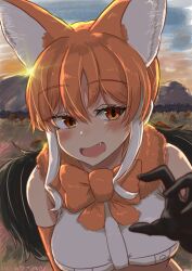 Rule 34 | 1girl, animal ears, backlighting, bare shoulders, black hair, blurry, blurry foreground, blush, bow, bowtie, breasts, cropped shirt, elbow gloves, extra ears, eyelashes, fang, fur collar, gloves, hair between eyes, hand up, highres, kemono friends, large breasts, leaning forward, long hair, maned wolf (kemono friends), medium breasts, midriff, mountainous horizon, multicolored hair, open mouth, orange bow, orange bowtie, orange hair, outdoors, reaching, reaching towards viewer, shirt, sleeveless, sleeveless shirt, smile, solo, sun, sunset, tsuppushi, twilight, very long hair, white hair, white shirt, wolf ears