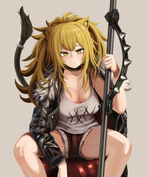 Rule 34 | 1girl, animal ears, arknights, bags under eyes, bare legs, black choker, black jacket, blonde hair, breasts, brown eyes, bubble99, chair, choker, cleavage, collarbone, fur-trimmed jacket, fur-trimmed shorts, fur trim, hair between eyes, highres, holding, holding weapon, hunched over, jacket, large breasts, leather, leather jacket, lion ears, lion girl, lion tail, long hair, looking at viewer, ponytail, red shorts, short shorts, shorts, sidelocks, siege (arknights), sitting, solo, studded choker, tail, tail ornament, tail ring, tank top, thighs, war hammer, weapon, white tank top