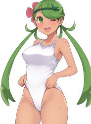 Rule 34 | 1girl, ;d, amane hasuhito, breasts, creatures (company), dark-skinned female, dark skin, flower, game freak, green eyes, green hair, hair flower, hair ornament, long hair, looking at viewer, mallow (pokemon), medium breasts, nintendo, one-piece swimsuit, one eye closed, open mouth, pokemon, pokemon sm, simple background, smile, solo, swimsuit, teeth, thighs, twintails, upper teeth only, wet, white background, white one-piece swimsuit