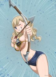 Rule 34 | 1girl, bikini, bikini top only, blonde hair, blue eyes, breasts, clenched teeth, colorized, denim, denim shorts, eden&#039;s zero, gaston18, highres, large breasts, long hair, looking at viewer, mashima hiro, navel, one eye closed, rebecca bluegarden, shorts, sideboob, smile, solo, swimsuit, teeth, twintails, underboob