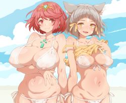 Rule 34 | 2girls, alternate breast size, bikini, blue sky, breasts, closed mouth, cloud, covered erect nipples, day, grey hair, headpiece, large breasts, looking at viewer, medium breasts, multiple girls, navel, nia (xenoblade), open mouth, pyra (xenoblade), red eyes, red hair, short hair, side-tie bikini bottom, sky, smile, swimsuit, tenako (mugu77), xenoblade chronicles (series), xenoblade chronicles 2, yellow eyes