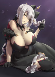 Rule 34 | 1girl, black dress, black thighhighs, bow, breasts, bug, butterfly, dress, fate/grand order, fate (series), hair between eyes, hair bow, hand up, head tilt, highres, insect, large breasts, long hair, looking at viewer, marie antoinette (alter) (fate), marie antoinette (fate), packge, parted lips, puffy sleeves, purple background, solo, thighhighs, yellow eyes