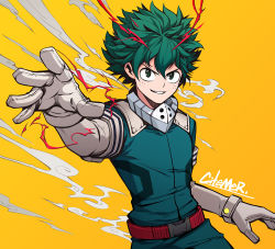 Rule 34 | &gt;:), 10s, 1boy, artist name, boku no hero academia, buttons, citemer, comic, cowboy shot, elbow gloves, formal, freckles, gloves, green eyes, green hair, looking at viewer, male focus, midoriya izuku, outstretched hand, reaching, reaching towards viewer, simple background, smile, smoke, solo, suit, v-shaped eyebrows, white gloves, yellow background