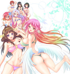 Rule 34 | 10s, 6+girls, :d, abs, ass, back, bandeau, barefoot, bikini, black hair, blonde hair, blue eyes, blue hair, blush, breasts, brown hair, chestnut mouth, chiba erika, spiked halo, crossover, flat ass, gradient hair, halo, hands on own chest, headgear, highres, jibril (no game no life), kantai collection, kongou (kancolle), large breasts, long hair, looking at viewer, looking back, low wings, magic circle, mahouka koukou no rettousei, multicolored hair, multiple crossover, multiple girls, navel, no game no life, o-ring, o-ring top, open mouth, personification, pink hair, purple eyes, red hair, shiba miyuki, shibata mizuki, shiro (no game no life), short hair, skindentation, slingshot swimsuit, smile, stephanie dora, swimsuit, thong, thong bikini, very long hair, white wings, wings, yellow eyes, youshuu
