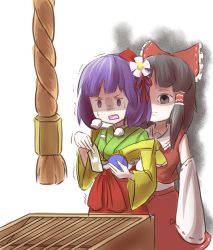 Rule 34 | &lt;o&gt; &lt;o&gt;, 2girls, aura, banknote, black hair, bow, box, comic, commentary request, dark aura, detached sleeves, dollar bill, donation box, flower, grabbing, grabbing another&#039;s breast, grey eyes, hair bow, hair flower, hair ornament, hair ribbon, hair tubes, hakurei reimu, heavy breathing, hieda no akyuu, highres, japanese clothes, kimono, long sleeves, miko, money, multiple girls, nontraditional miko, peroponesosu., purple eyes, purple hair, rape face, rectangular mouth, ribbon, shaded face, standing, surprised, sweat, touhou, trembling, upper body, wallet, white background, wide-eyed, wide sleeves