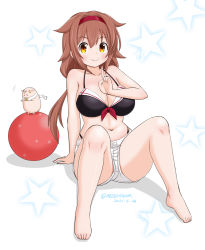 Rule 34 | 1girl, adapted costume, ball, barefoot, bikini, black bikini, breasts, brown eyes, brown hair, commentary request, hair flaps, hairband, index finger raised, kantai collection, large breasts, long hair, masara (chuujou), one-hour drawing challenge, red hairband, shiratsuyu (kancolle), shiratsuyu kai ni (kancolle), shorts, sitting, solo, star (symbol), starry background, swimsuit, the yuudachi-like creature, white background, white shorts