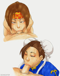 Rule 34 | 2boys, 2girls, :&gt;=, artist name, blush, brown hair, bun cover, capcom, china dress, chinese clothes, chun-li, crossover, deareditor, double bun, dress, fellatio, hair bun, multiple boys, multiple girls, one eye closed, oral, penis, pubic hair, seong mi-na, simple background, soul calibur, street fighter, uncensored, wink