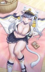 Rule 34 | 1girl, abs, absurdres, animal ears, black footwear, black skirt, bow, breasts, choker, cleavage, crop top, epaulettes, front-tie top, hair bow, hat, highres, indie virtual youtuber, instrument, jacket, kalimba, large breasts, lion ears, lion girl, lion tail, long hair, long sleeves, looking at viewer, mary janes, midriff, military hat, military jacket, miniskirt, navel, nomalman, open clothes, open jacket, open mouth, peaked cap, pink eyes, pleated skirt, shirt, shoes, sitting, skindentation, skirt, smile, socks, solo, stomach, tail, thighs, twintails, very long hair, virtual youtuber, white choker, white hair, white hat, white jacket, white shirt, white socks