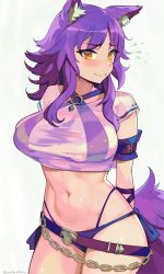 Rule 34 | 1girl, animal ear fluff, animal ears, bikini, bikini under clothes, blush, breasts, closed mouth, commentary, cowboy shot, criss-cross halter, hair between eyes, halterneck, highres, large breasts, long hair, looking at viewer, makoto (princess connect!), makoto (summer) (princess connect!), midriff, navel, o-ring, o-ring bikini, official alternate costume, princess connect!, purple bikini, purple hair, see-through, see-through shirt, shirt, sidelocks, simple background, solo, standing, swimsuit, tail, twitter username, white background, white shirt, wolf ears, wolf girl, wolf tail, woofycakes, yellow eyes